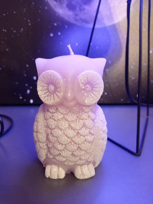 Świeczka sowa z brokatem ozdoba fioletowa