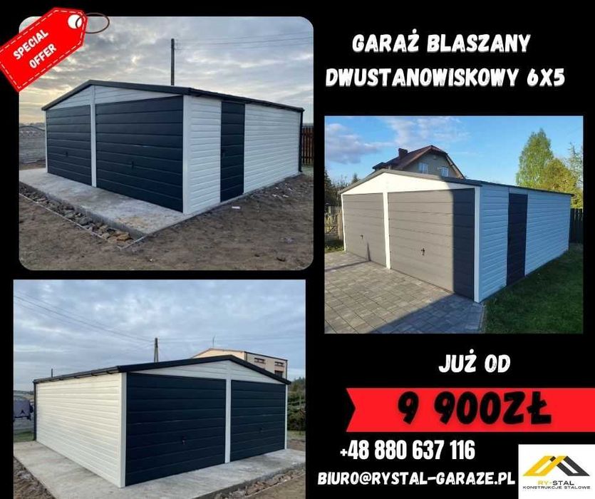 Garaż blaszany 6x5 Dwustanowiskowy Profil / Grafit + Biały /Ry-Stal