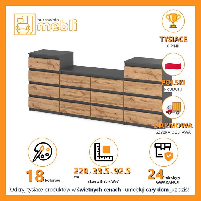 Komoda Duża Modułowa Do Salonu RTV 220cm Hugo Szafka 14 Szuflad Wysoka