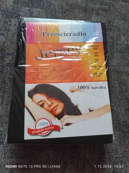 Prześcieradło jersey z gumką bawełna 160x200 czarne nowe