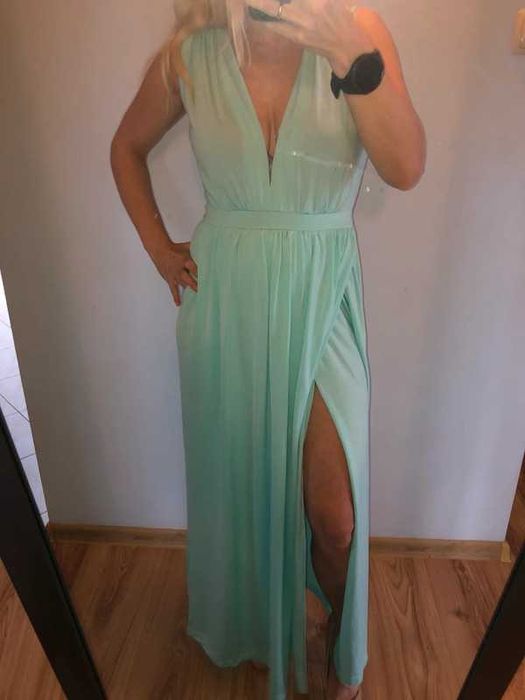 Miętowa długa sukienka 34/36 wieczorowa