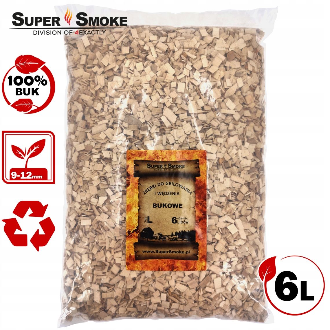 Zrębki Wędzarnicze Super Smoke BUK KL-10 (9-12mm) Large 6 Litrów