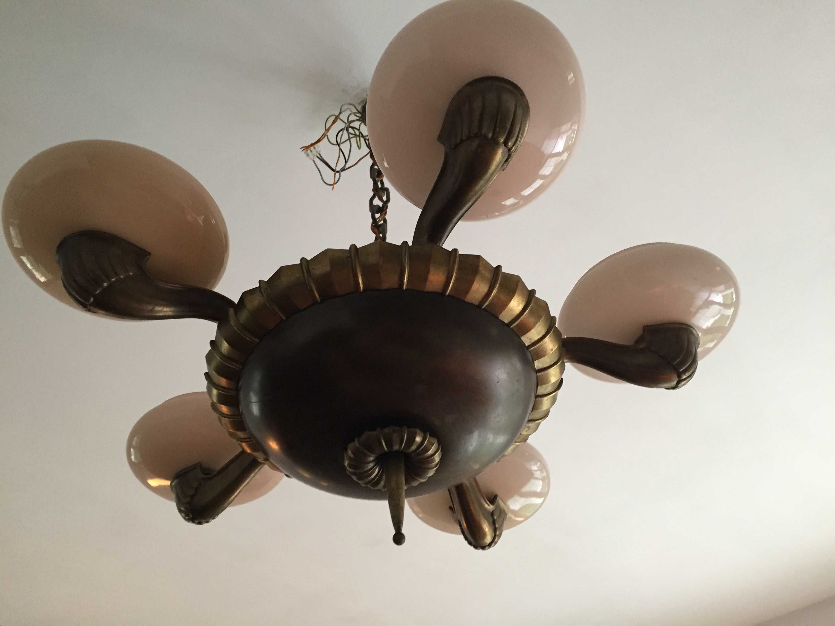 Stara lampa mosiężny żyrandol SECESJA 5-ramienny różowy klosz