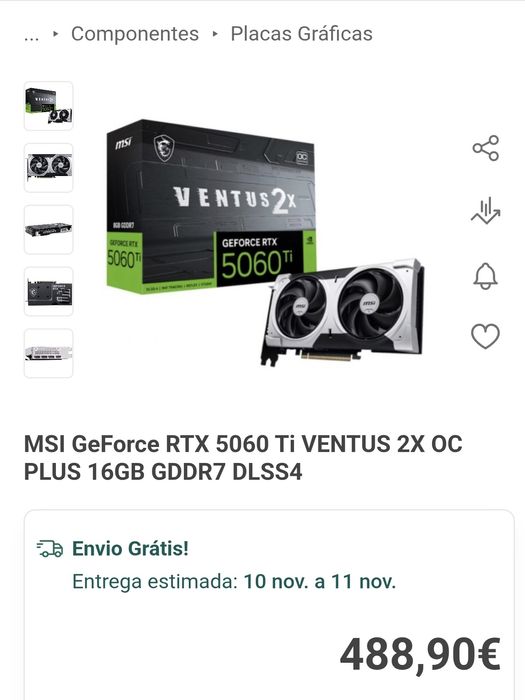 Placa gráfica Ventus 2x GeForce RTX 5060Ti OC 16GB