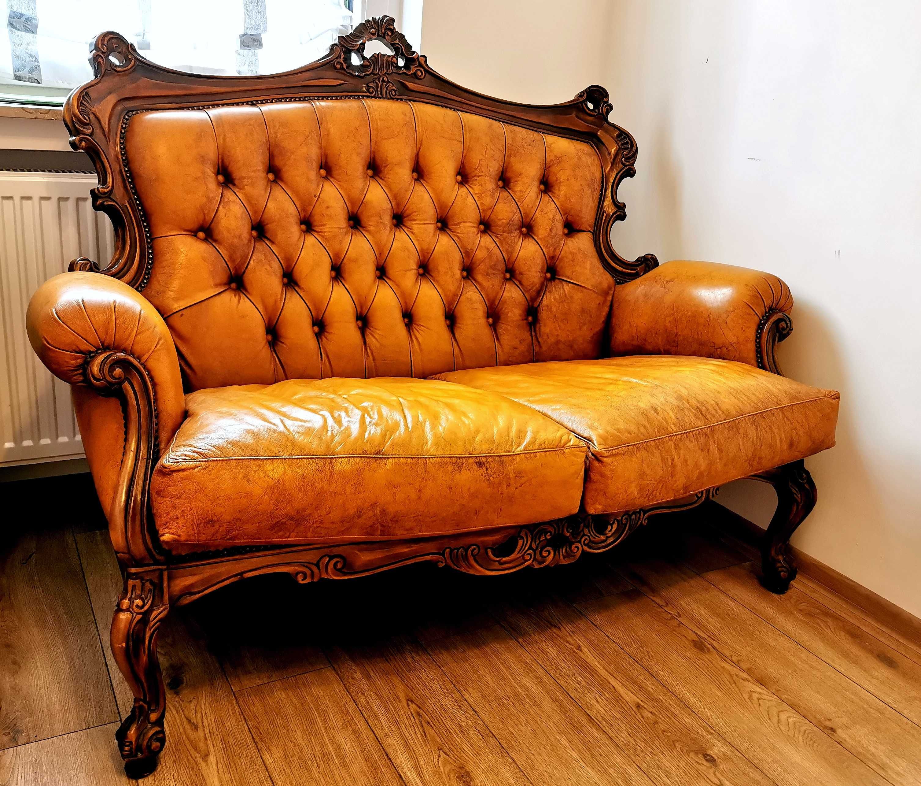 Sofa vintage, skóra i drewno. Niepowtarzalny styl!!