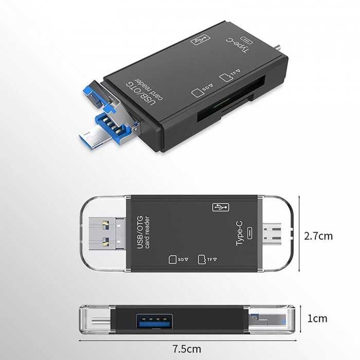 Leitor de cartões de memória tipo C e USB 3.0 para SD/ Micro SD/ USB