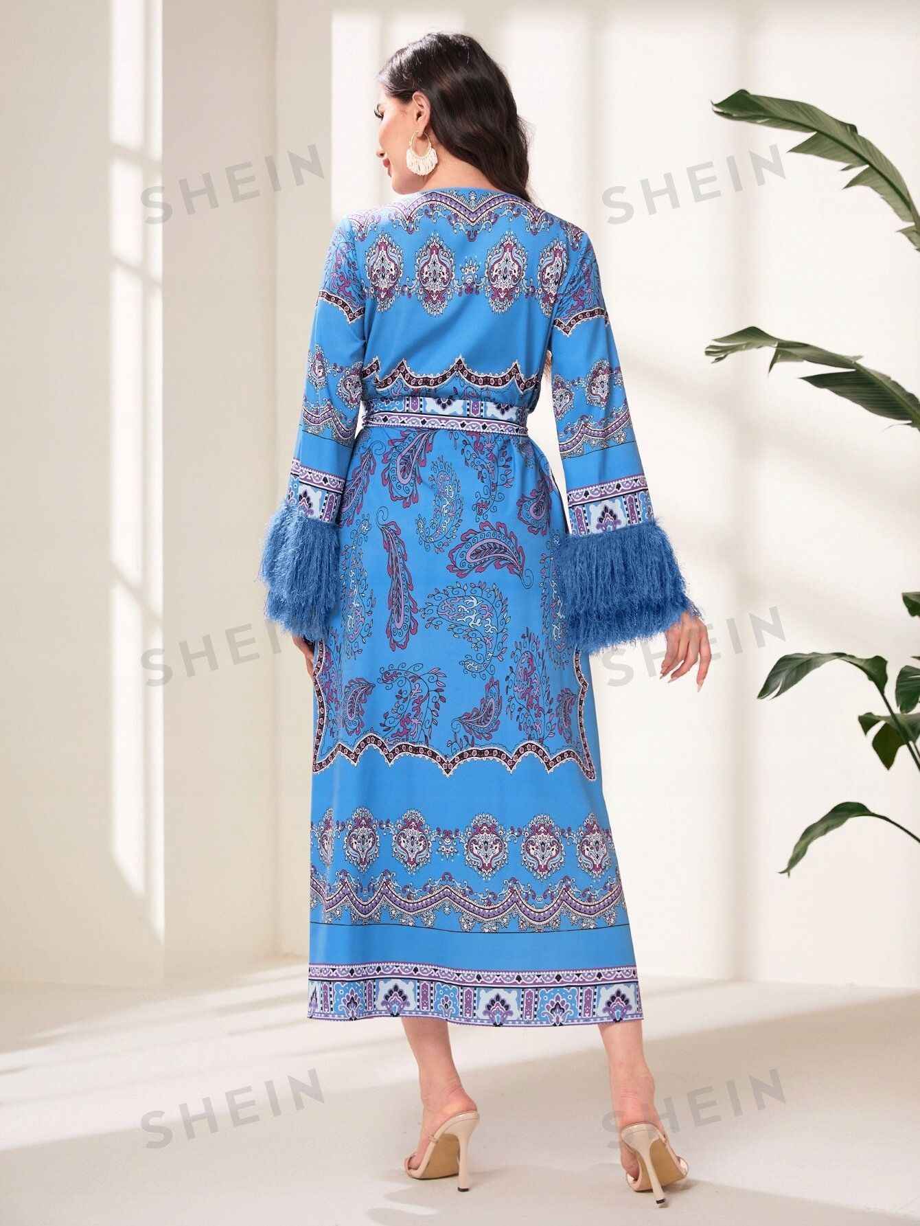 Sukienka W Stylu Arabskim Kopertowa Z Frędzlami Maxi Niebieska Shein S