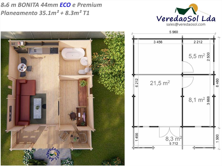 Casa Madeira KIT BONITA 50m² T1 - 44-58 e 68mm Terraço 8.3m² 3 Modelos