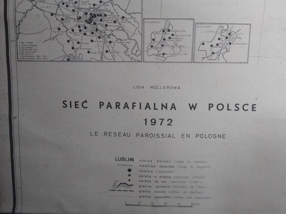 Stara mapa ścienna PRL 1972 polska sieć parafialna - wystrój wnętrza