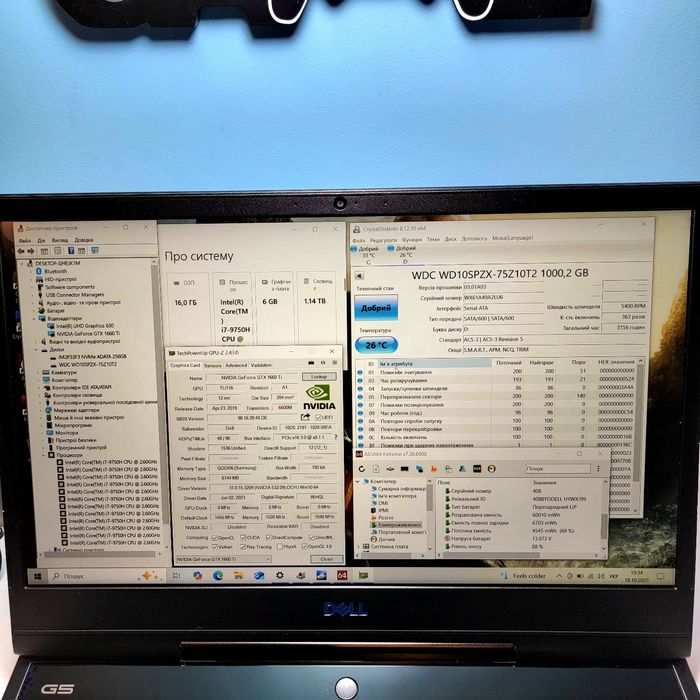 Dell G5 5590 / i7-9750H / 16Gb / NVIDIA GeForce GTX 1660Ti/ 256SSD+1Tb