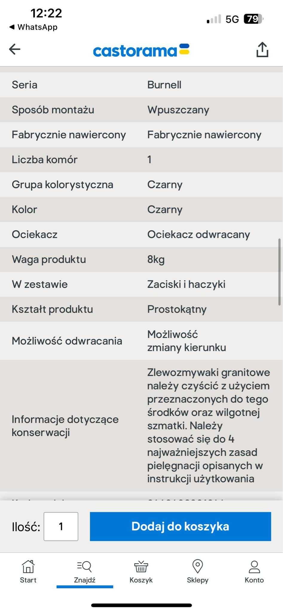 Zlewozmywak granitowy 1-komorowy z półociekaczem czarny - NOWY