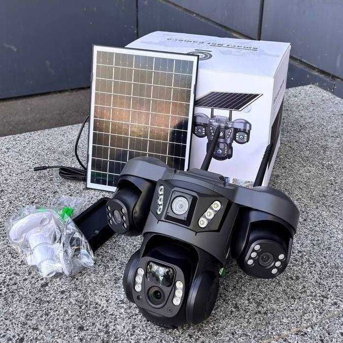Тройная 4G Камера видеонаблюдения на солнечной панели уличная 15МП