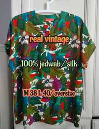 M 38 L 40 oversize jedwabna bluzka real vintage motyle kwiaty unikat