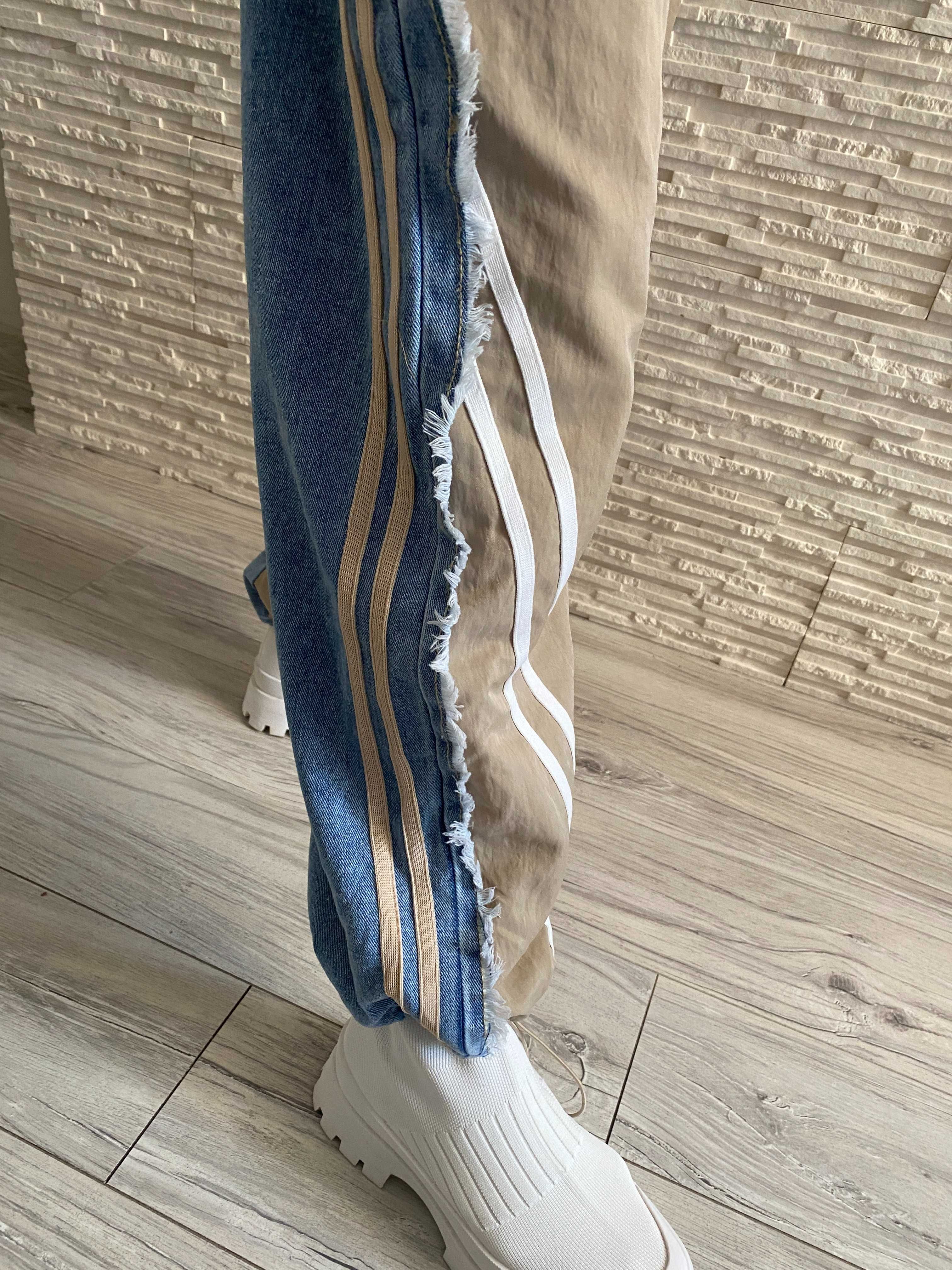 Flam Moda nowe spodnie pumpy - prosta nogawka z paskami jeans