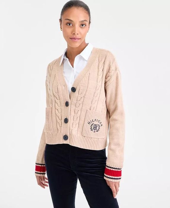 Tommy Hilfiger Cable-Knit Varsity Cardigan. Кардиган р М серый/бежевый