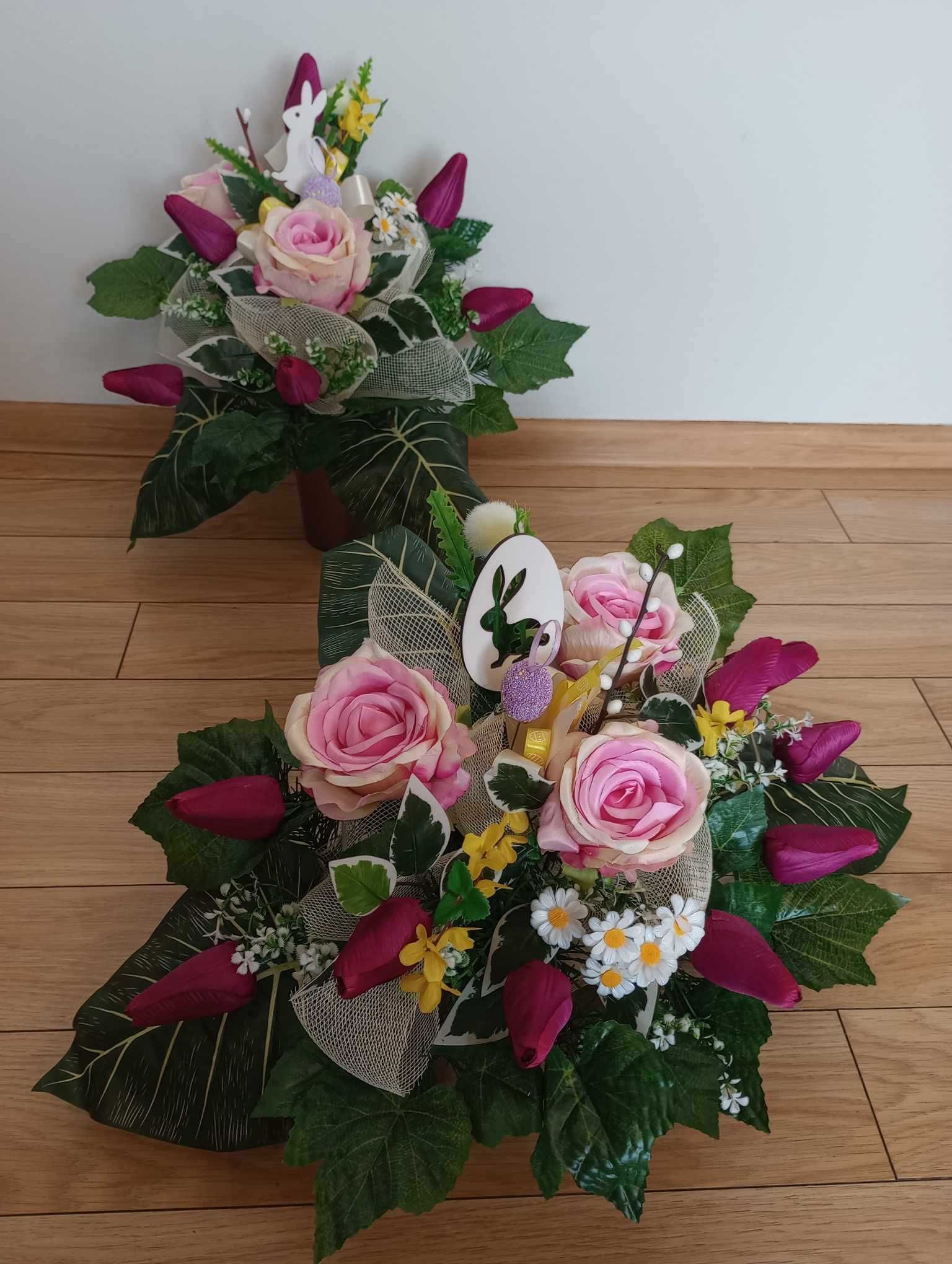 Kwiaty na grób KOMPLET WIELKANOCNY stroik + bukiet do wazonu