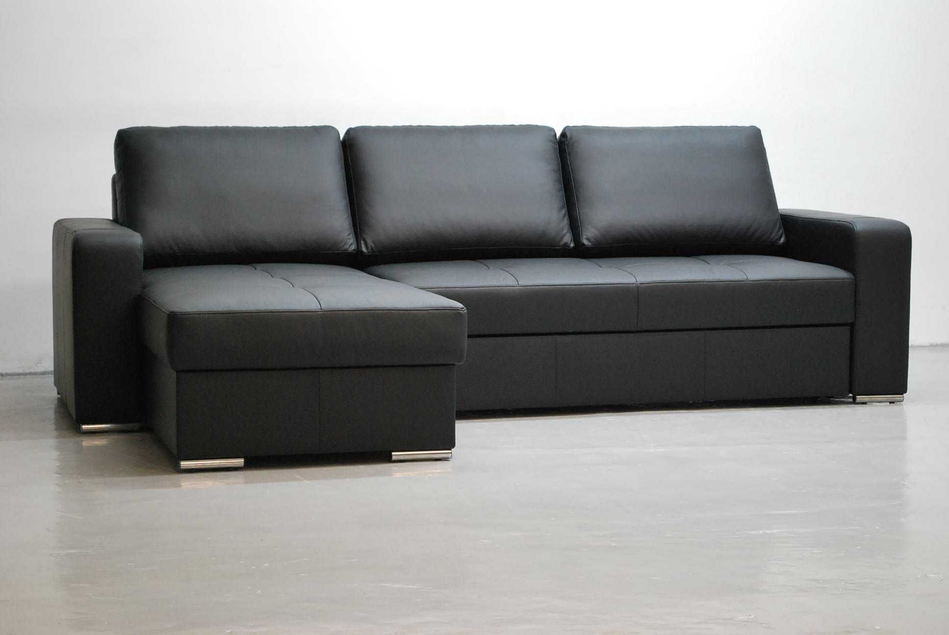 czarny SKÓRA NATURALNA NAROŻNIK spanie pojemnik 6605, sofa kanapa