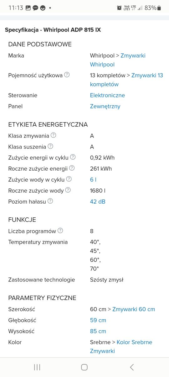 Zmywarka whirpool 60 cm ADP 815  IX idealna okazja