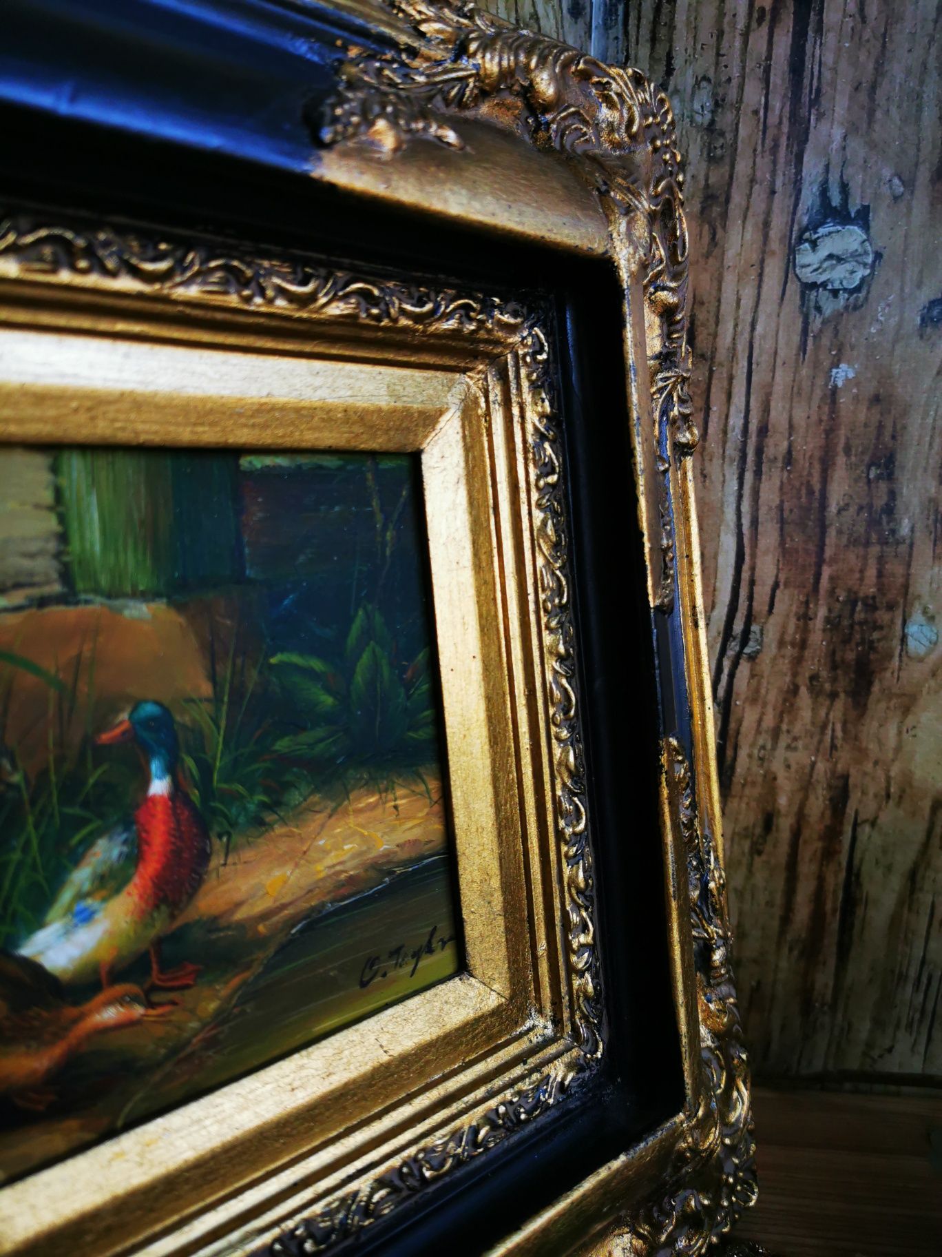 Obraz olejny, kaczki, drewniana, ozdobna rama UNIKAT