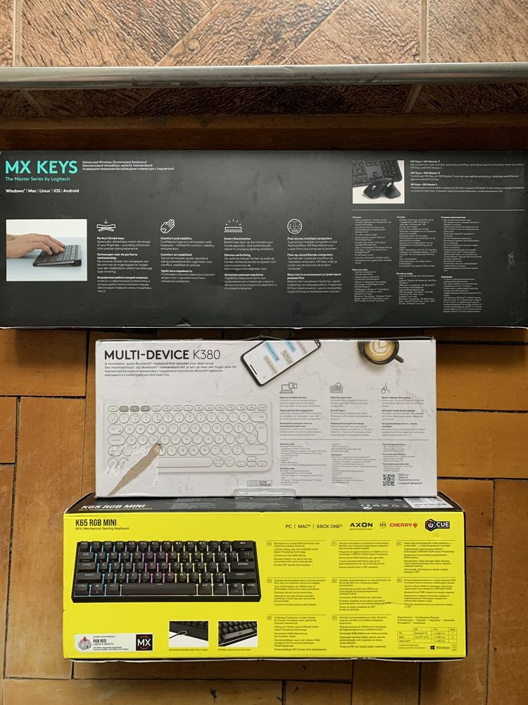 Клавіатури Logitech MX Keys, K380. Corsair K65 RGB Mini