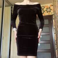 Чёрное велюровое платье, с рукавами 3/4, S-M/46-48