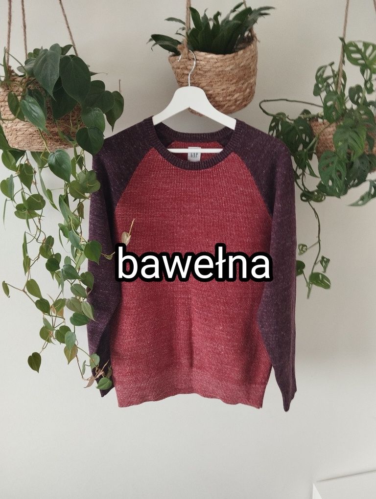 Męski bawełniany sweter w bordowym, śliwkowym melanżu, klasyczny r.M G