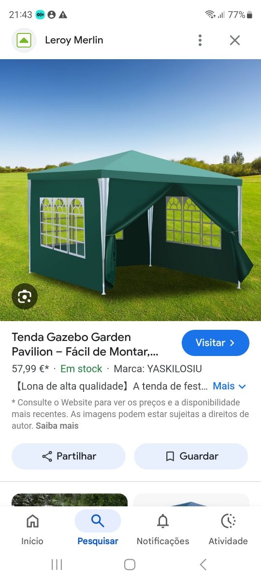 Toldo de tenda sem ferrosGAZEBO VERDE COM RISCA BRANCA VERDE 2,95x2,95