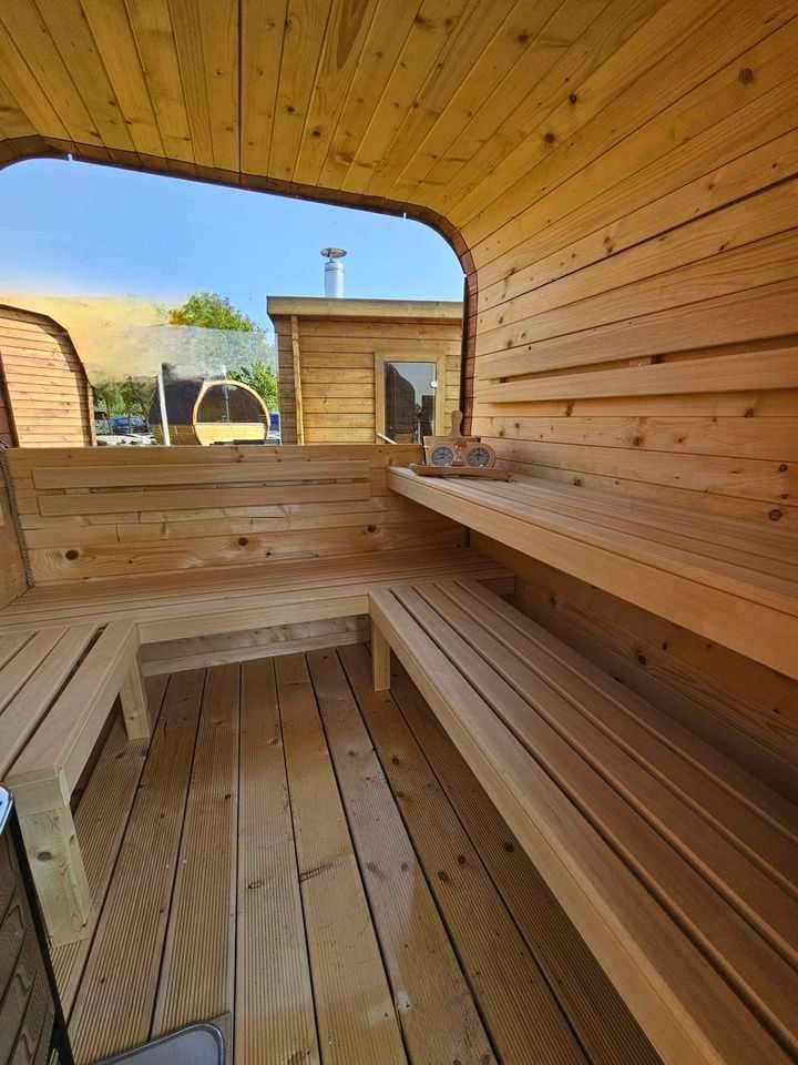 Sauna ogrodowa z piecem opalanym drewnem panorama ławeczka 1-8 osób