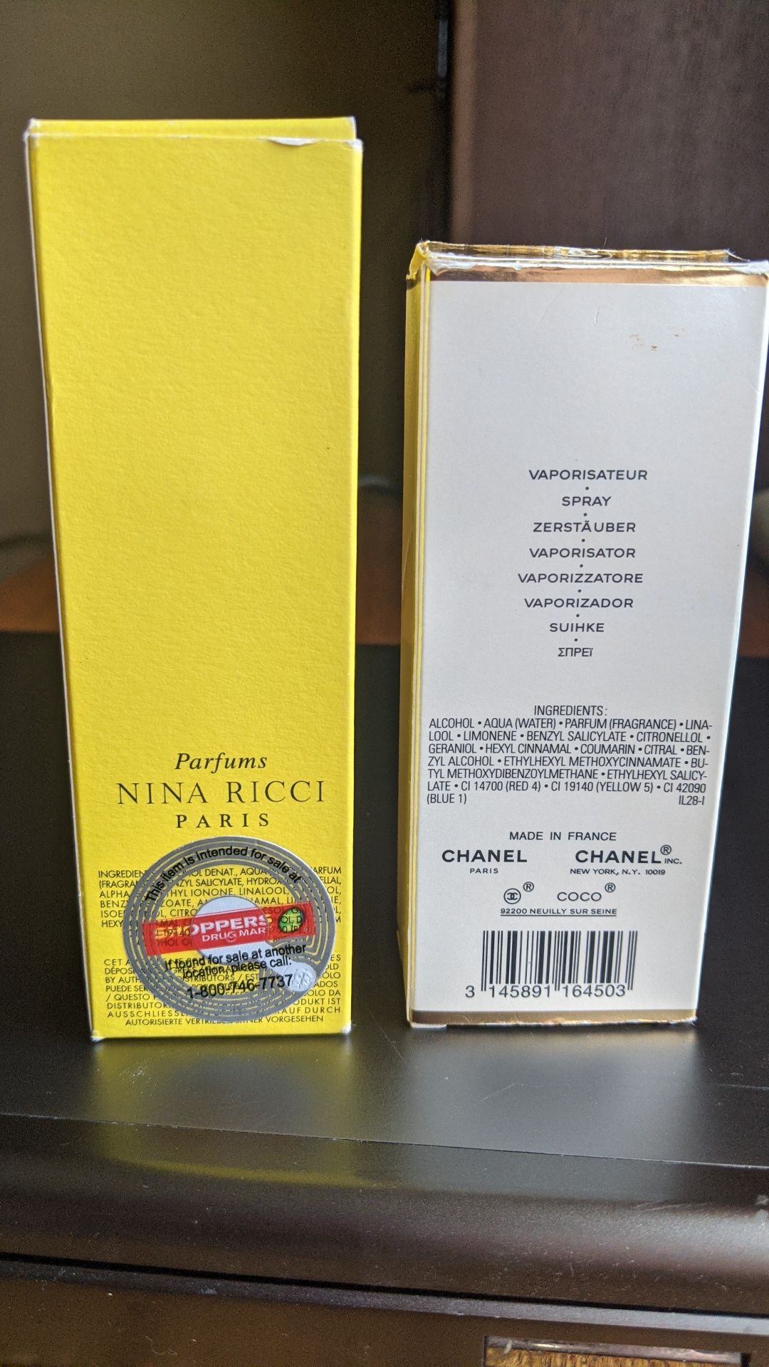 Puste flakony i opakowania po Nina Ricci i Coco Chanel Mademoiselle
