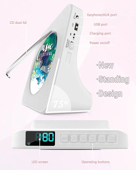 Odtwarzacz CD z Bluetooth 5.0, stacjonarny odtwarzacz CD,radio, aux