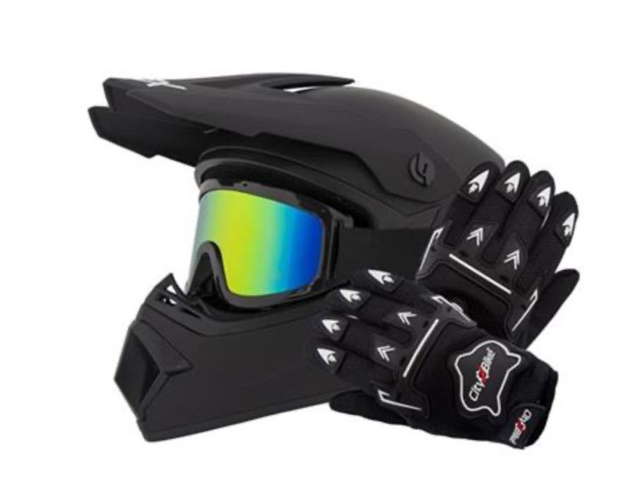 Zestaw kask czarny L 59-60 cm  + gogle + rękawice full face crossowy