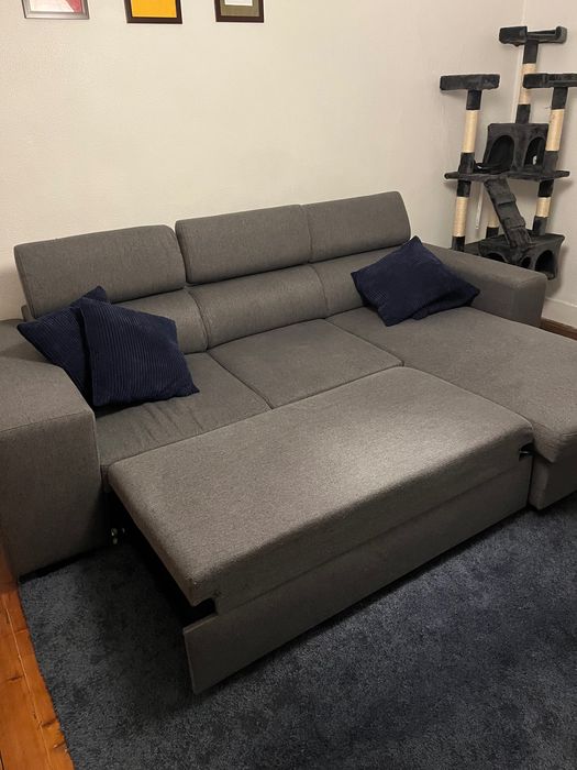 Sofá-cama c/ chaise longue, baú e dois puffs (excelente oportunidade)