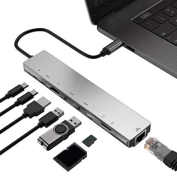 Hub 8 em 1 Tipo C para HDMI, USB 3.0,PD TF,  Cartão de Memória