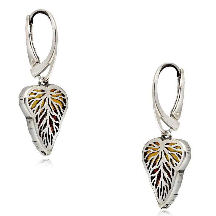 Srebrne kolczyki z bursztynami - Listki pr.925