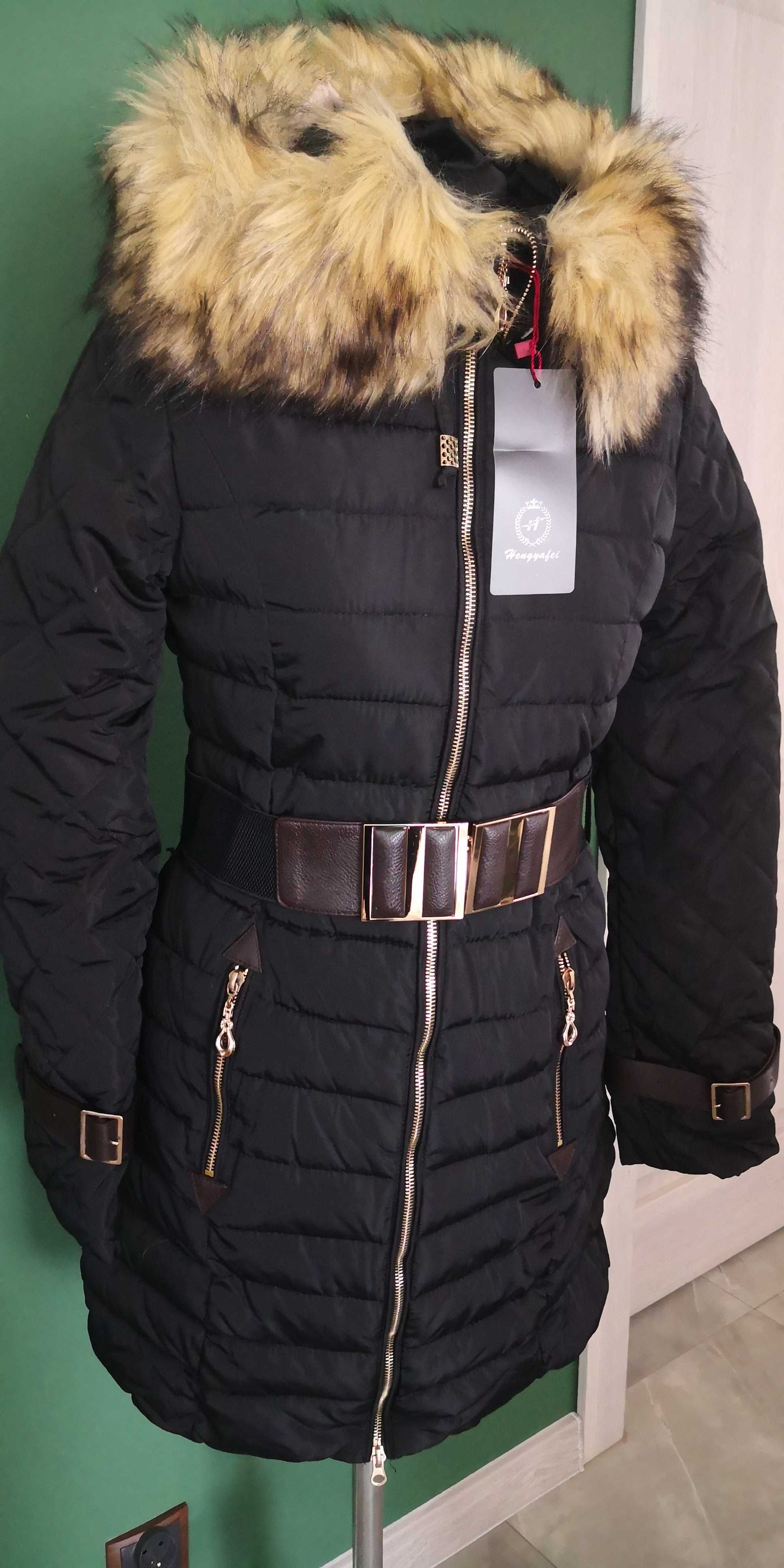 Nowa kurtka ciepła futro kaptur klasyczna piękny model +pasek