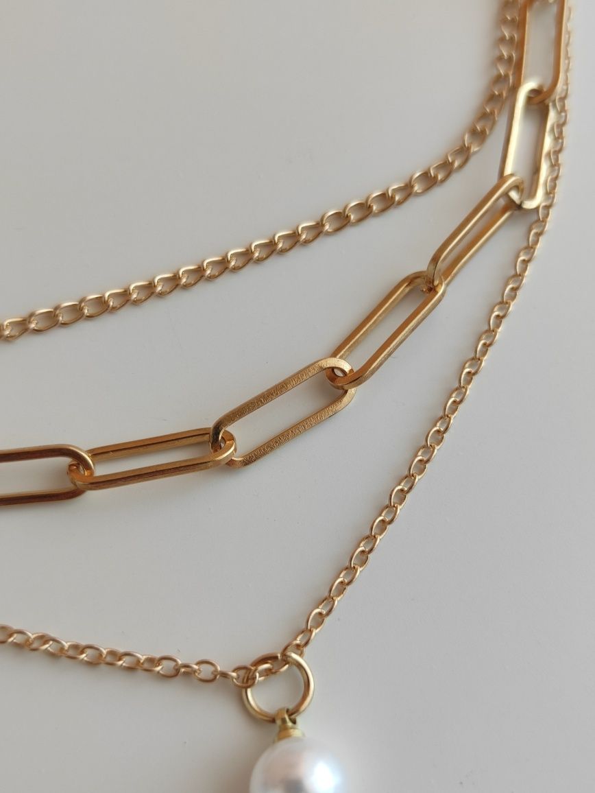 Naszyjnik kaskadowy layered necklace złoty z perełką