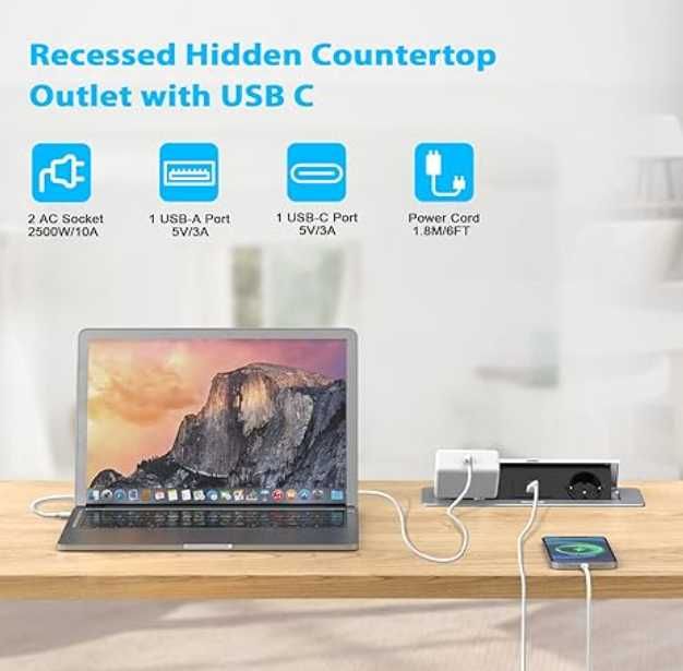 Wpuszczane Gniazdko Elektryczne USB C 20W z 2 Gniazdami do Zabudowy