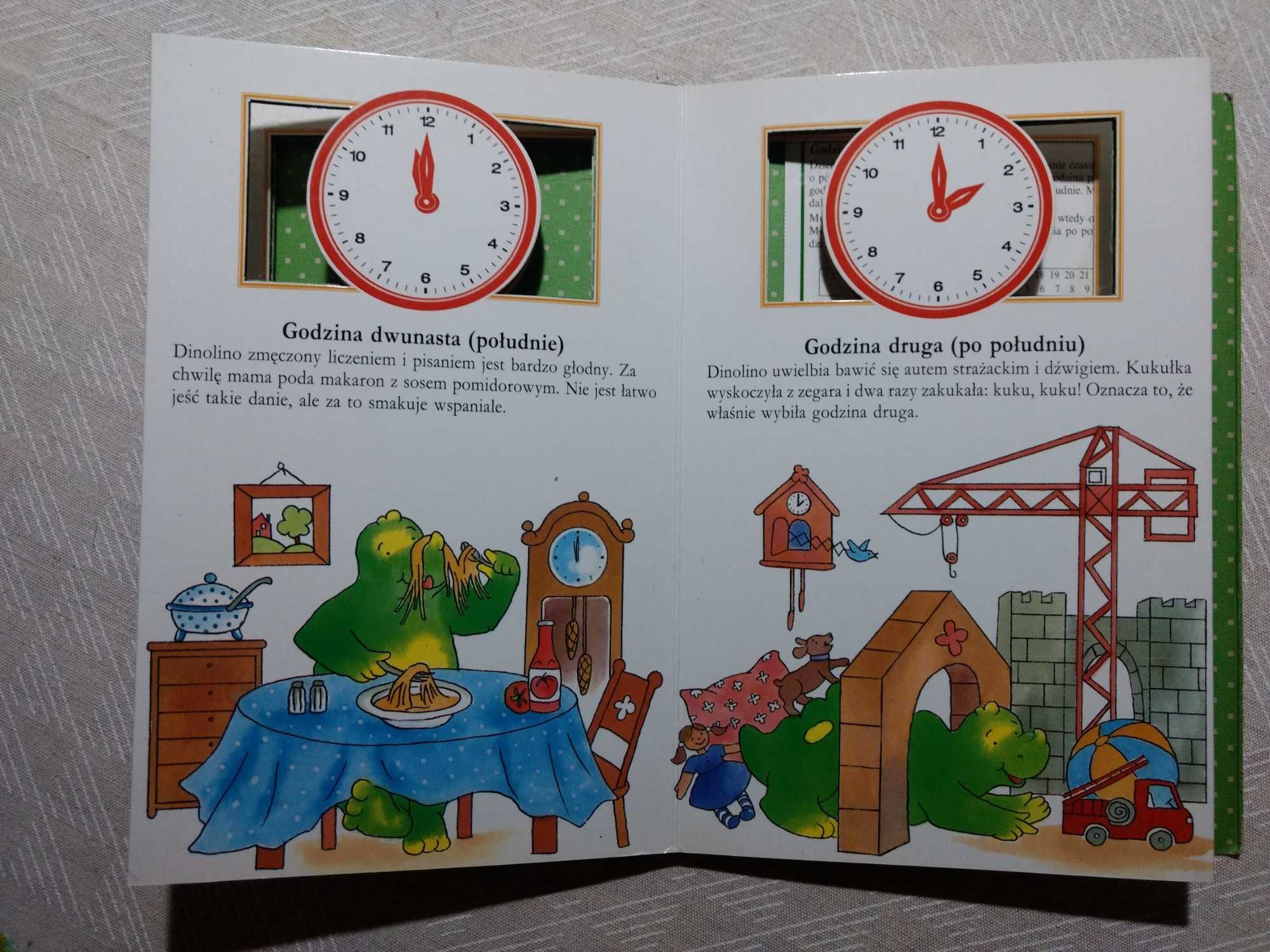 Książka dla dzieci "Dinolino poznaje godziny" z zegarem
