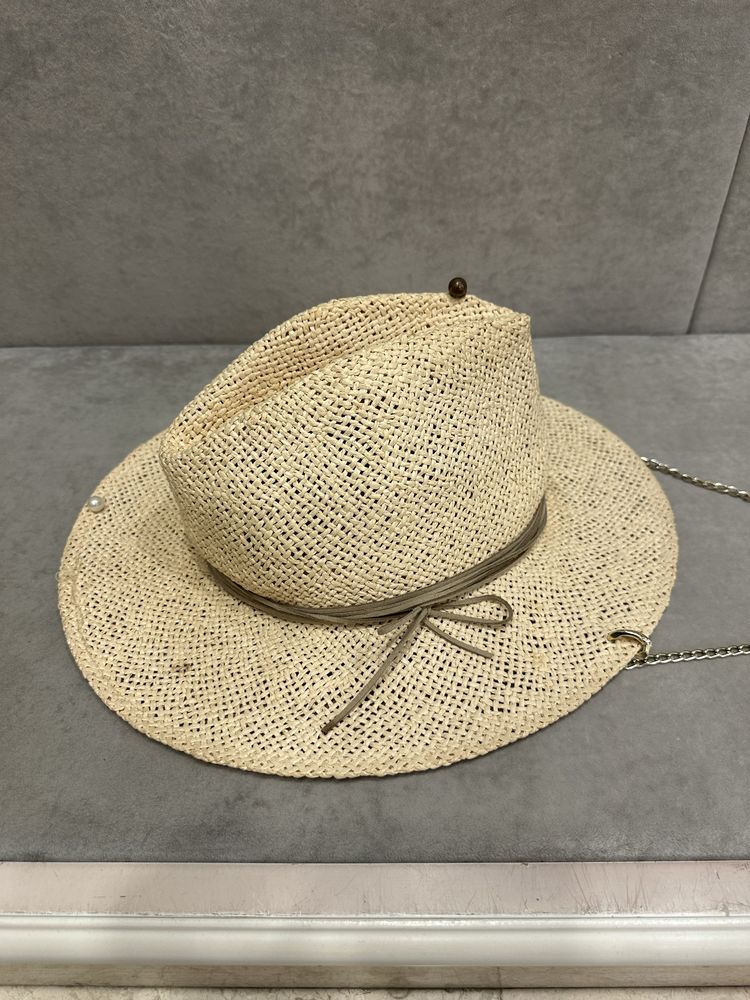 Шляпа федора рафія жіноча з перлинами і ланцюгом