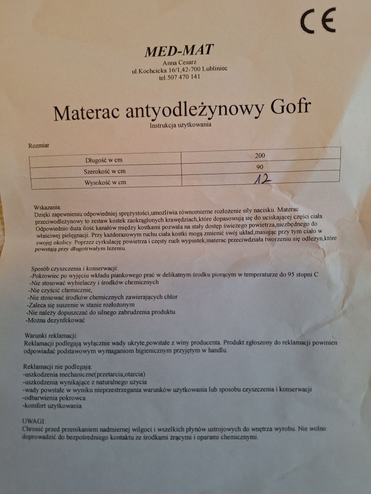 Materac antyodleżynowy Gofr