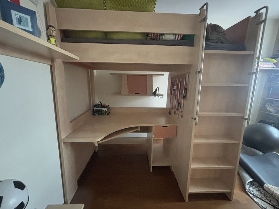 Łóżko piętrowe z szafą, biurkiem i materacem – BOG-FRAN ELF