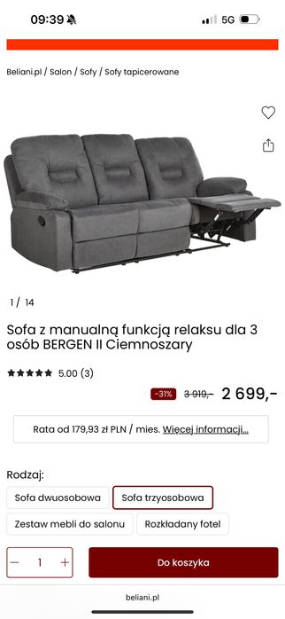 Sofa kanapa 3-osobowa z funkcją relaks rozkładane fotele
