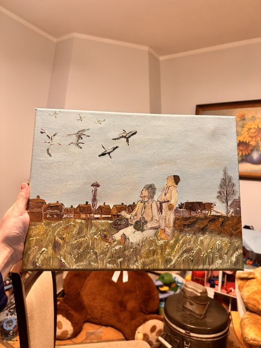 Duzy obraz latające ptaki pole recznie malowany