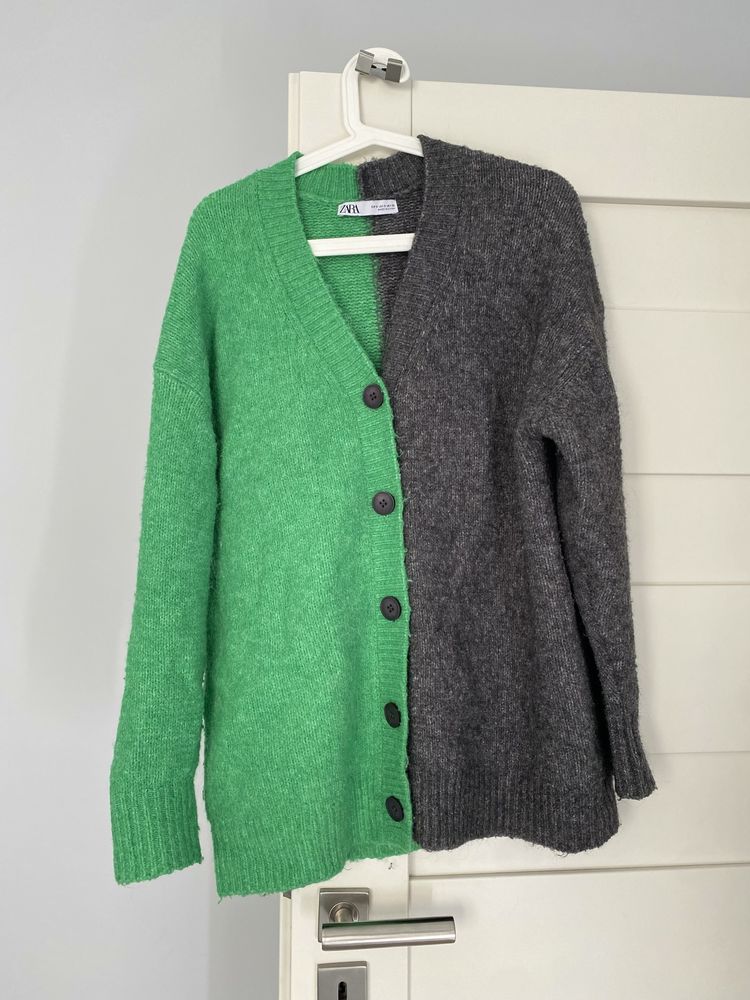 Zara Kardigan Sweter Długi szary viralowy Dwukolorowy Zielony