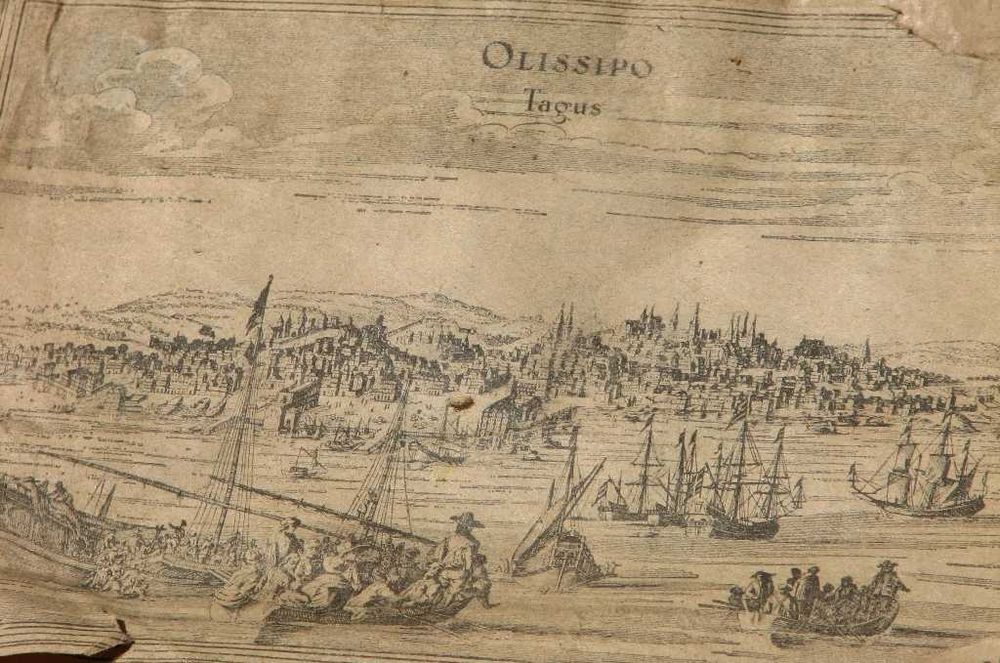 Placa para gravura (imagem de Lisboa e o Tejo em 1704) com Prensa