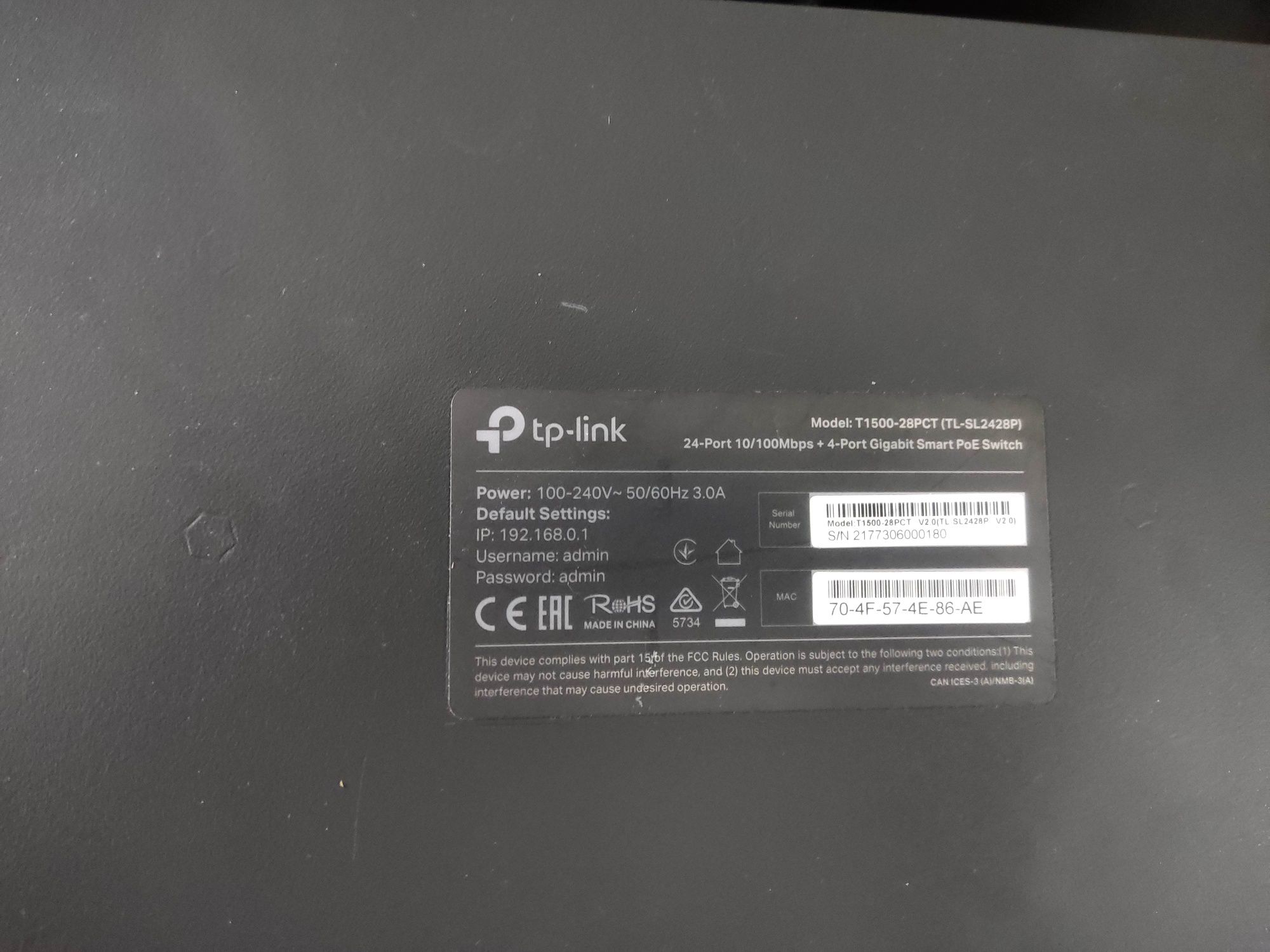 Tplink switch model T1500