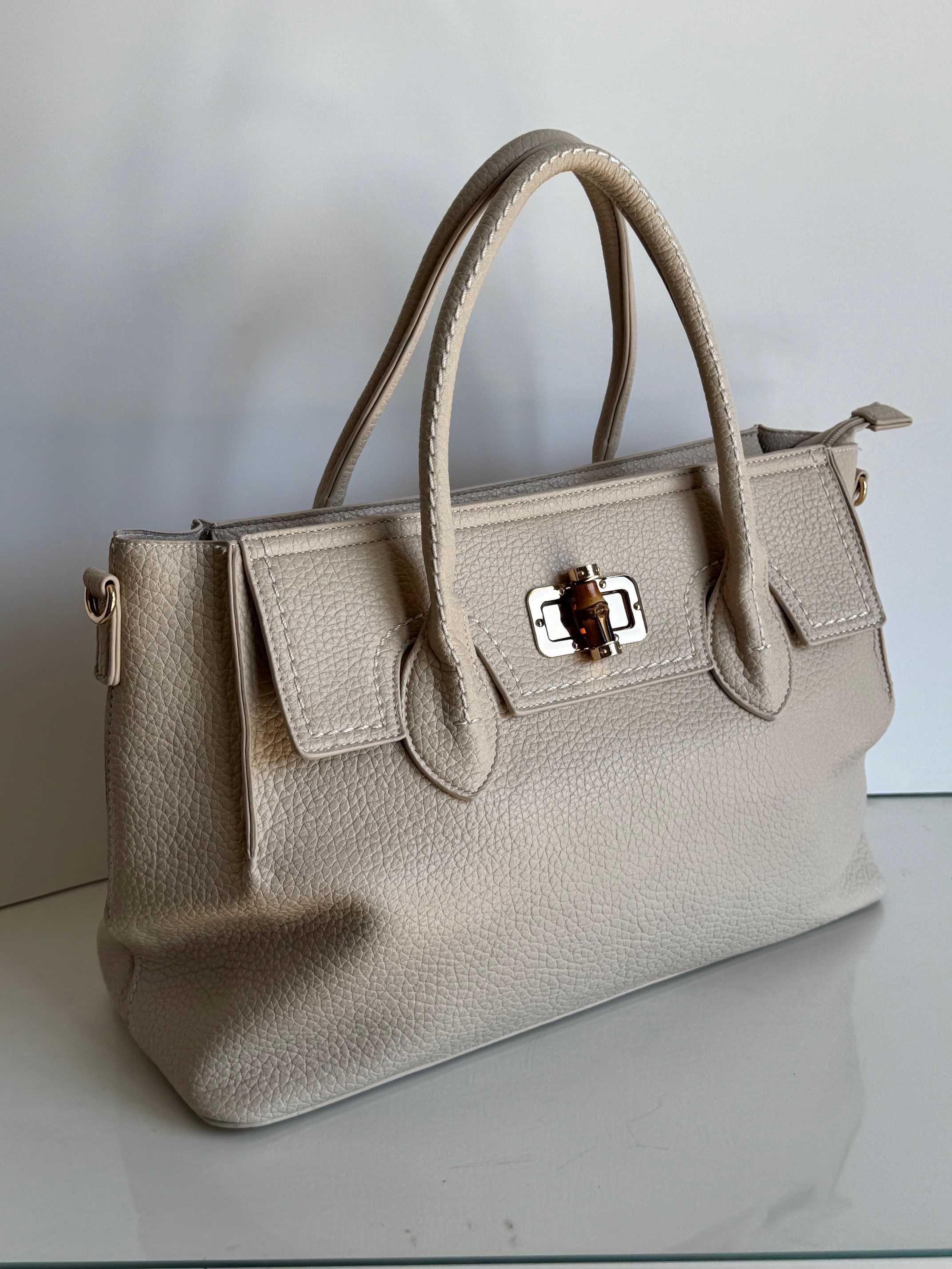 Torebka shopper Bestini Paris ecru duża kremowa pojemna długi pasek