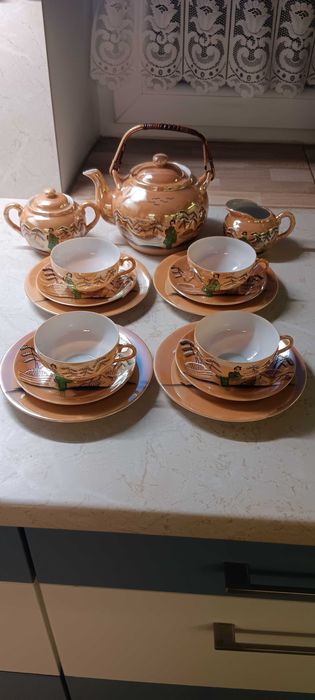 Piękny Japoński Ręcznie Malowany Zestaw  z Litofanią Gejszy Dla 4 Osób