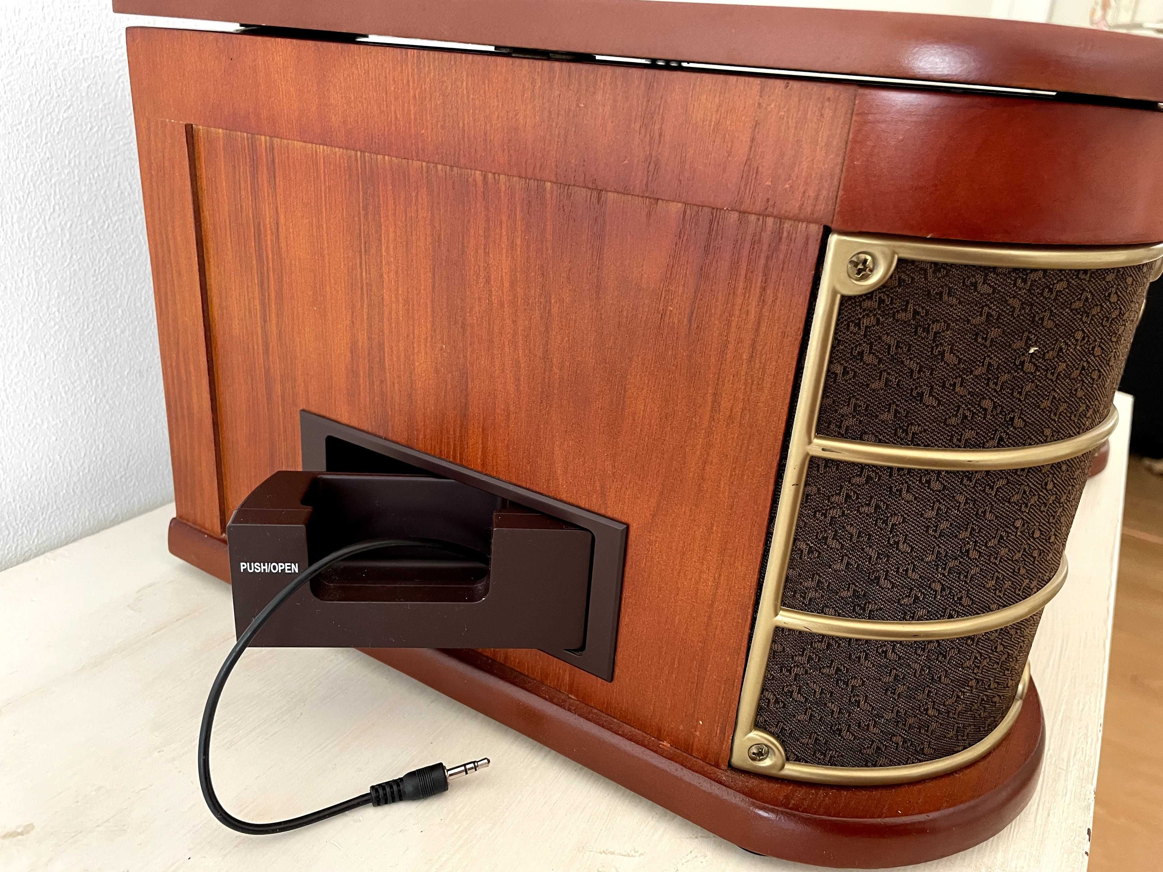 Leitor de vinil, CD e Cassete + Rádio + conexão Cabo Audio + USB