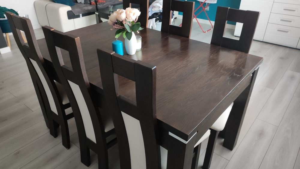 Stół drewniany 140-210x90 krzesła 6 stolik kawowy brąz beż